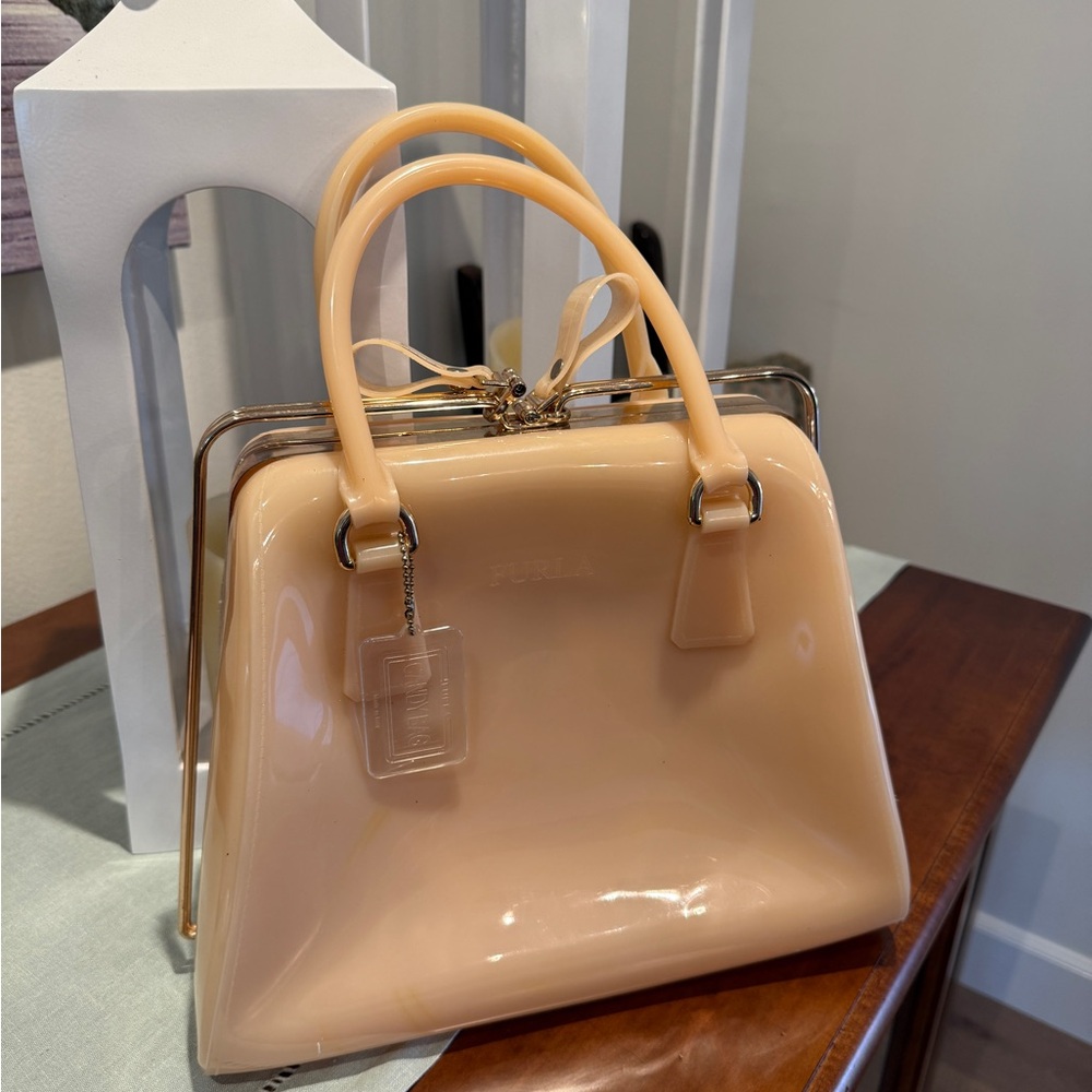 Furla Candy Pink Transparent Rubber Framed Satchel Purse Beige